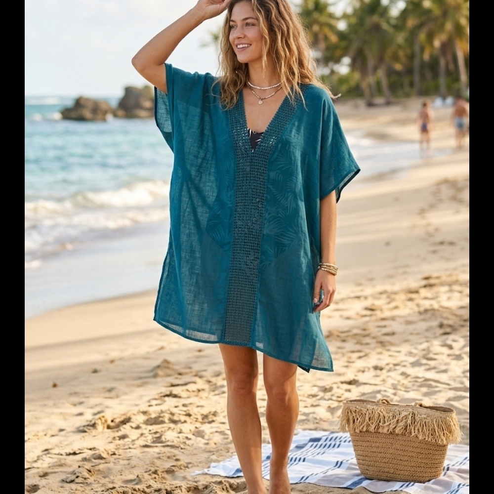 Time and Tru Teal V-Neck Crochet-Trim Swim Coverup